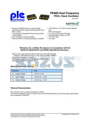 PE8820DV datasheet - PE88D Single Frequency PECL Clock Oscillator