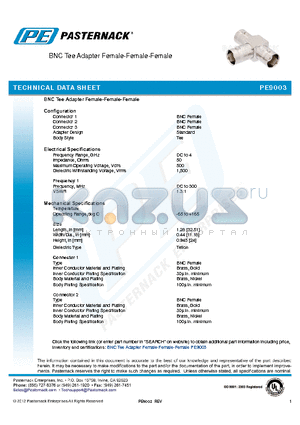 PE9003 datasheet - BNC Tee Adapter Female-Female-Female