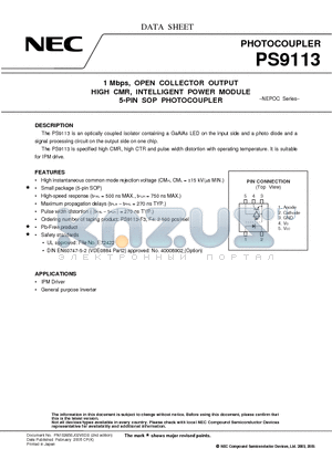 PS9113-V-F3 datasheet - 1 Mbps, OPEN COLLECTOR OUTPUT HIGH CMR, INTELLIGENT POWER MODULE 5-PIN SOP PHOTOCOUPLER