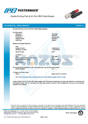 PE9011 datasheet - Double Binding Post to 50 Ohm BNC Male Adapter