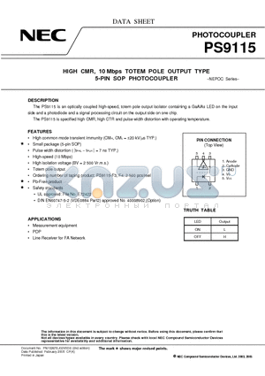 PS9115 datasheet - HIGH CMR, 10 Mbps TOTEM POLE OUTPUT TYPE 5-PIN SOP PHOTOCOUPLER