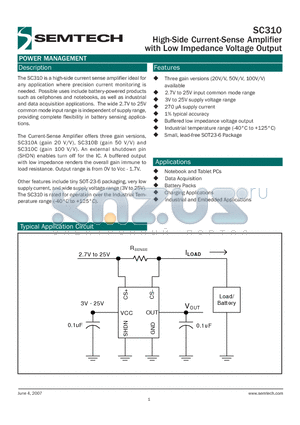 SC310 datasheet - High-Side Current-Sense Amplifier with Low Impedance Voltage Output