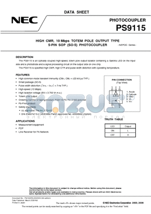 PS9115 datasheet - HIGH CMR, 10 Mbps TOTEM POLE OUTPUT TYPE 5-PIN SOP (SO-5) PHOTOCOUPLER