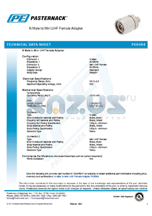 PE9064 datasheet - N Male to Mini UHF Female Adapter