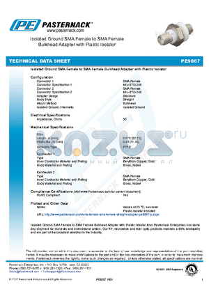 PE9067 datasheet - Isolated Ground SMA Female to SMA Female Bulkhead Adapter with Plastic Isolator