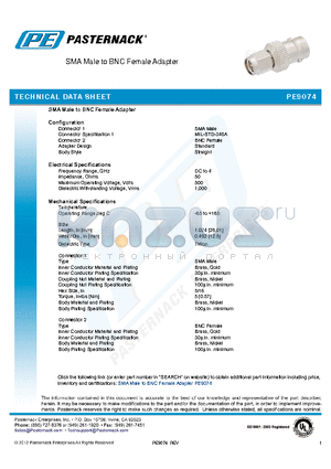 PE9074 datasheet - SMA Male to BNC Female Adapter