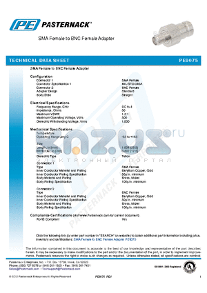 PE9075 datasheet - SMA Female to BNC Female Adapter