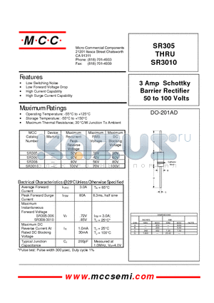 SR308 datasheet - 3 Amp Schottky Barrier Rectifier 50 to 100 Volts