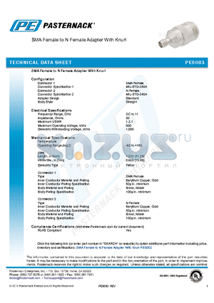 PE9083 datasheet - SMA Female to N Female Adapter With Knurl