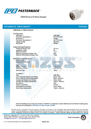 PE9080 datasheet - SMA Male to N Male Adapter