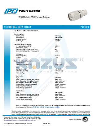 PE9088 datasheet - TNC Male to BNC Female Adapter