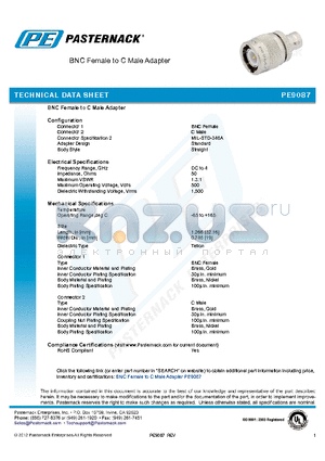 PE9087 datasheet - BNC Female to C Male Adapter