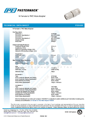 PE9089 datasheet - N Female to TNC Male Adapter