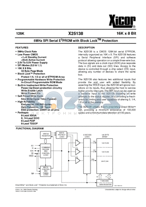 X25138 datasheet - 5MHz SPI Serial E2PROM with Block Lock PROTECTION