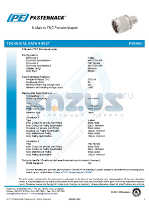 PE9090 datasheet - N Male to TNC Female Adapter