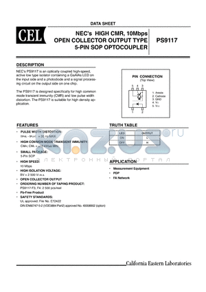 PS9117-F3 datasheet - NECs HIGH CMR, 10Mbps OPEN COLLECTOR OUTPUT TYPE 5-PIN SOP OPTOCOUPLER