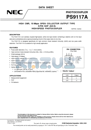 PS9117A datasheet - HIGH CMR, 10 Mbps OPEN COLLECTOR OUTPUT TYPE 5-PIN SOP (SO-5) HIGH-SPEED PHOTOCOUPLER
