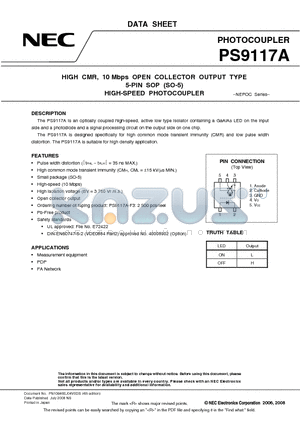 PS9117A-A datasheet - HIGH CMR, 10 Mbps OPEN COLLECTOR OUTPUT TYPE 5-PIN SOP (SO-5) HIGH-SPEED PHOTOCOUPLER