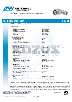 PE9100 datasheet - TNC Male to TNC Female Right Angle Adapter