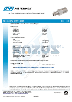 PE91002 datasheet - 50 Ohm SMA Female to 75 Ohm F Female Adapter