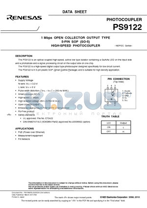 PS9122-V-F3 datasheet - 1 Mbps OPEN COLLECTOR OUTPUT TYPE 5-PIN SOP (SO-5) HIGH-SPEED PHOTOCOUPLER
