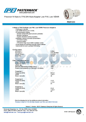 PE91030 datasheet - Precision N Male to 7/16 DIN Male Adapter Low PIM, Low VSWR