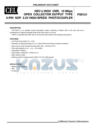 PS9121-F4 datasheet - HIGH CMR, 10 Mbps OPEN COLLECTOR OUTPUT TYPE 5-PIN SOP 3.3V HIGH-SPEED PHOTOCOUPLER