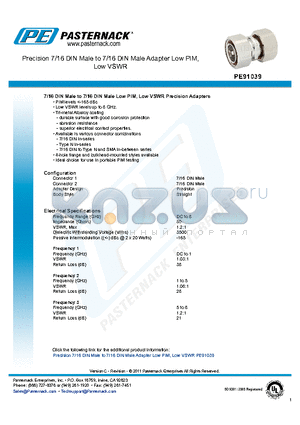 PE91039 datasheet - Precision 7/16 DIN Male to 7/16 DIN Male Adapter Low PIM, Low VSWR