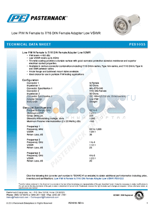 PE91033 datasheet - Precision N Female to 7/16 DIN Female Adapter Low PIM, Low VSWR