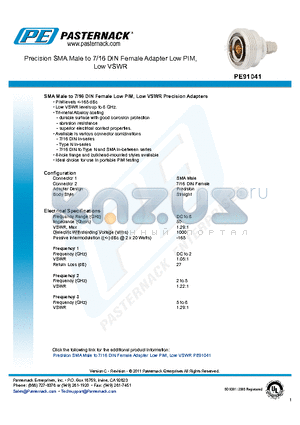 PE91041 datasheet - Precision SMA Male to 7/16 DIN Female Adapter Low PIM, Low VSWR