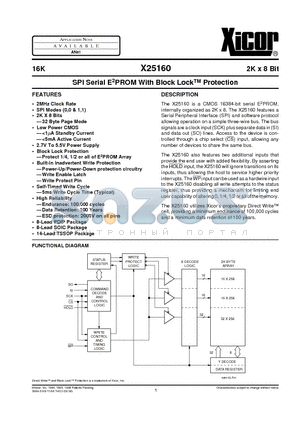 X25160P-2.7 datasheet - SPI Serial E2PROM With Block LockTM Protection