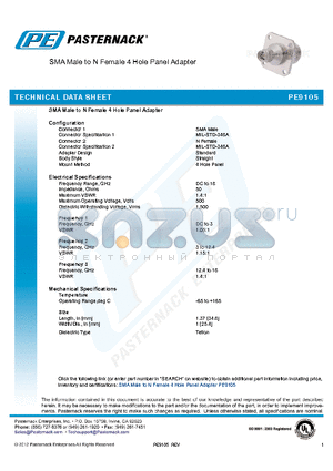 PE9105 datasheet - SMA Male to N Female 4 Hole Panel Adapter