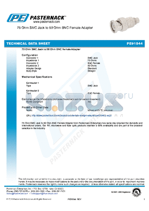 PE91044 datasheet - 75 Ohm SMC Jack to 50 Ohm BNC Female Adapter