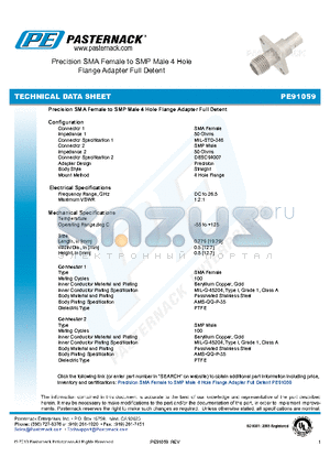 PE91059 datasheet - Precision SMA Female to SMP Male 4 Hole Flange Adapter Full Detent