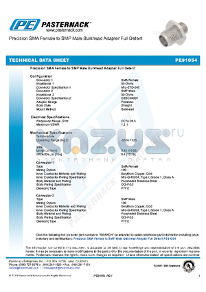 PE91054 datasheet - Precision SMA Female to SMP Male Bulkhead Adapter Full Detent