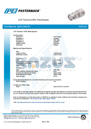 PE9107 datasheet - BNC MALE TO UHF FEMALE