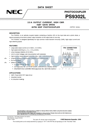 PS9302L-E3-AX datasheet - 2.5 A OUTPUT CURRENT, HIGH CMR IGBT GATE DRIVE 8-PIN SDIP PHOTOCOUPLER