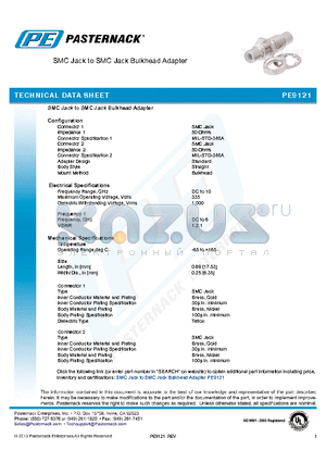 PE9121 datasheet - SMC Jack to SMC Jack Bulkhead Adapter