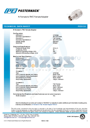 PE9131 datasheet - N Female to TNC Female Adapter