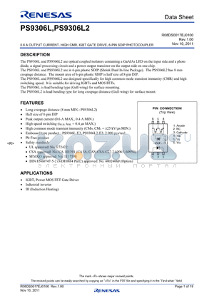 PS9306L-V datasheet - 0.6 A OUTPUT CURRENT, HIGH CMR, IGBT GATE DRIVE, 6-PIN SDIP PHOTOCOUPLER