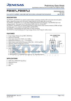 PS9307L-V-E3 datasheet - 0.6 A OUTPUT CURRENT, HIGH CMR, IGBT GATE DRIVE, 6-PIN SDIP PHOTOCOUPLER