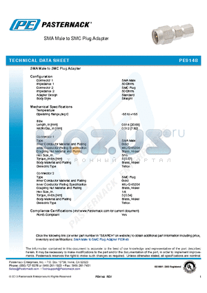 PE9148 datasheet - SMA Male to SMC Plug Adapter