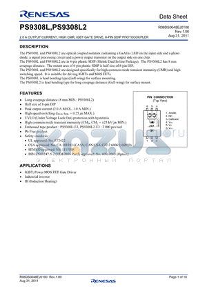 PS9308L-E3 datasheet - 2.0 A OUTPUT CURRENT, HIGH CMR, IGBT GATE DRIVE, 6-PIN SDIP PHOTOCOUPLER