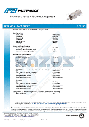 PE9158 datasheet - 50 Ohm BNC Female to 75 Ohm RCA Plug Adapter