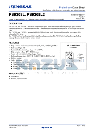 PS9309L-E3 datasheet - LOW IF TOTEM POLE OUTPUT TYPE HIGH CMR, IPM DRIVER, 6-PIN SDIP PHOTOCOUPLER