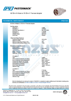 PE9155 datasheet - 50 Ohm N Male to 75 Ohm F Female Adapter