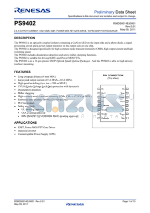 PS9402-V-E3 datasheet - 2.5 A OUTPUT CURRENT, HIGH CMR, IGBT, POWER MOS FET GATE DRIVE, 16-PIN SSOP PHOTOCOUPLER