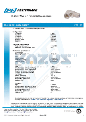 PE9166 datasheet - 75 Ohm F Male to F Female Right Angle Adapter