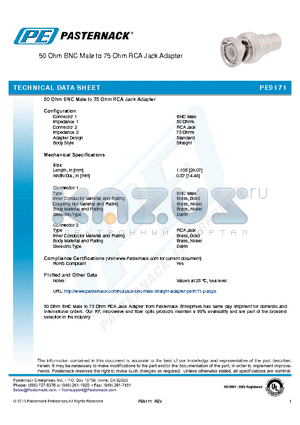 PE9171 datasheet - 50 Ohm BNC Male to 75 Ohm RCA Jack Adapter