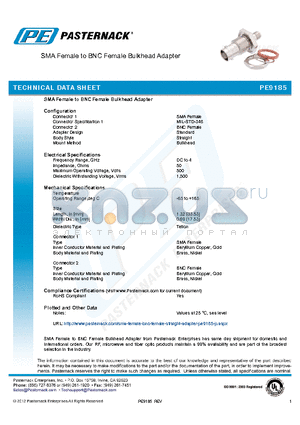 PE9185 datasheet - SMA Female to BNC Female Bulkhead Adapter